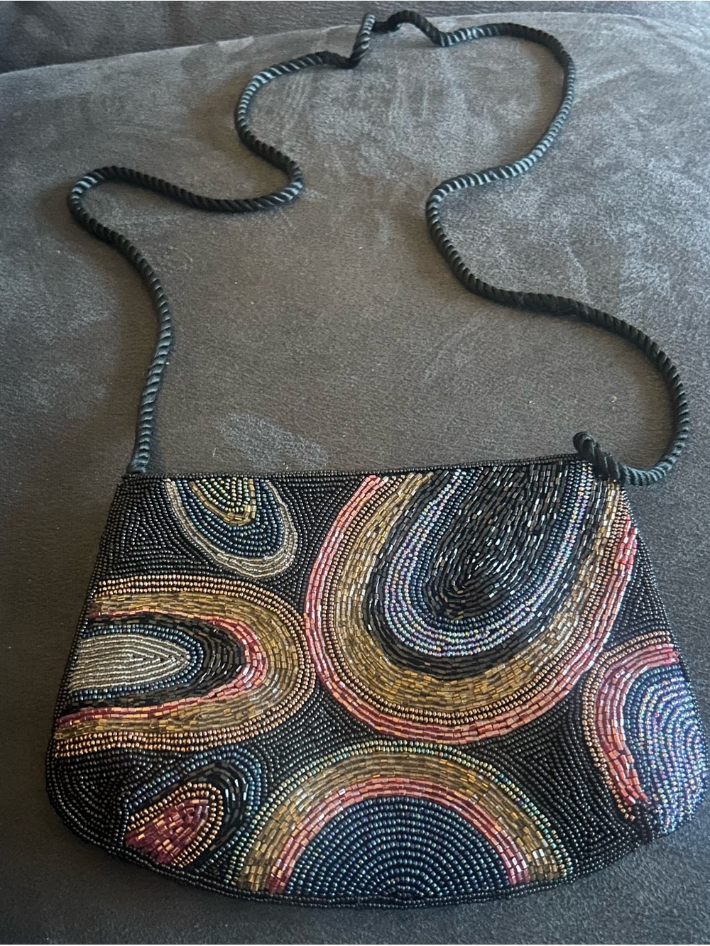 La Regale Black Beaded Crossbody with Multicolor Swirl Pattern